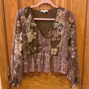 American Eagle Outfitters Brown Floral V-Neck Peasant Blouse